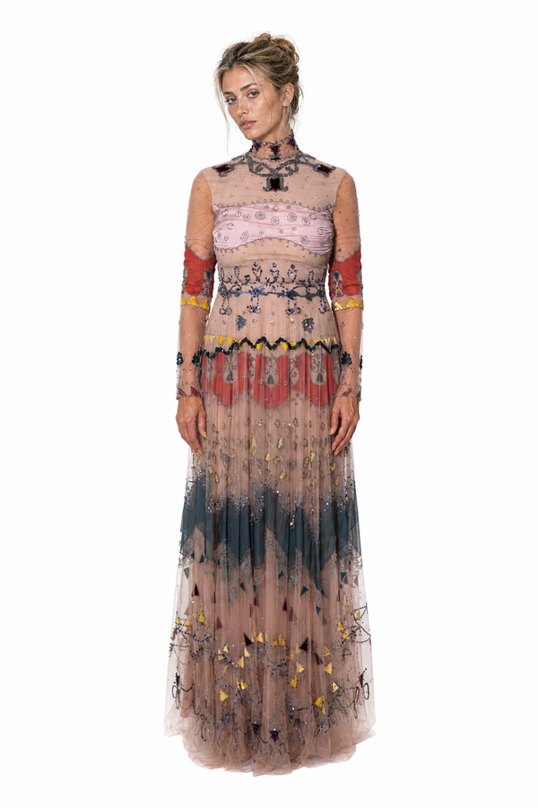 Valentino Women's Tribal Beaded & Embroidered Sheer Tulle Maxi Gown in Sand Multicolor