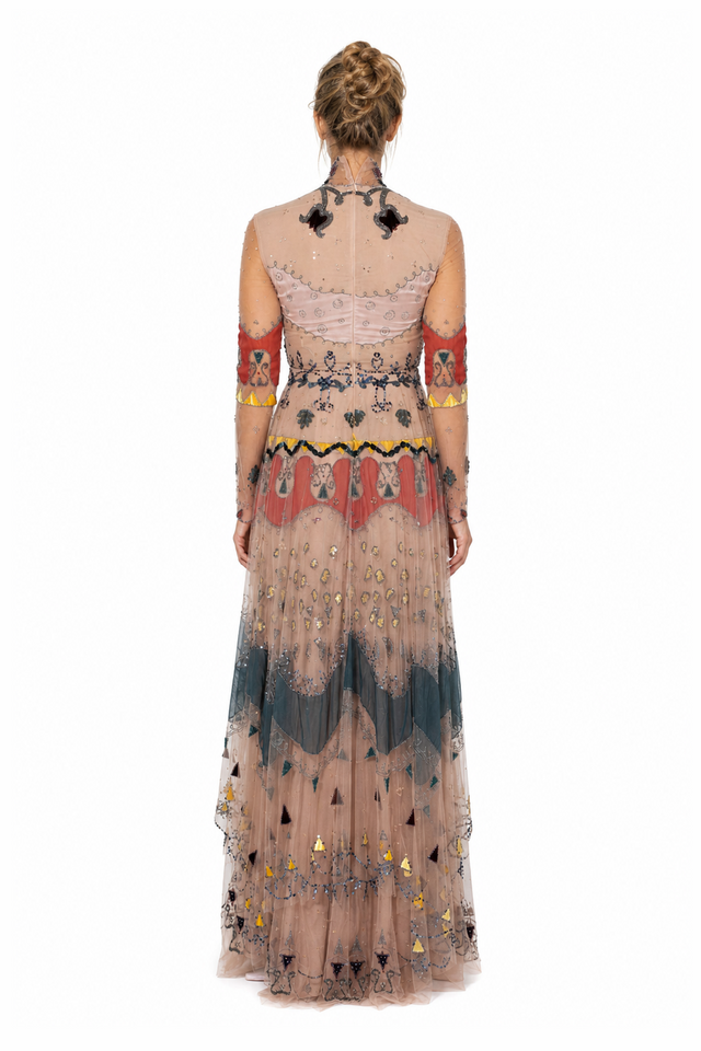 Valentino Women's Tribal Beaded & Embroidered Sheer Tulle Maxi Gown in Sand Multicolor