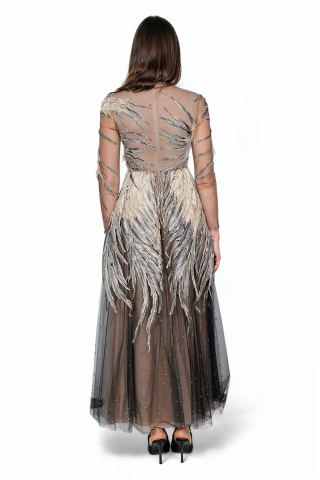 Valentino Sheer Black and Metallic Feather Embroidered Gown