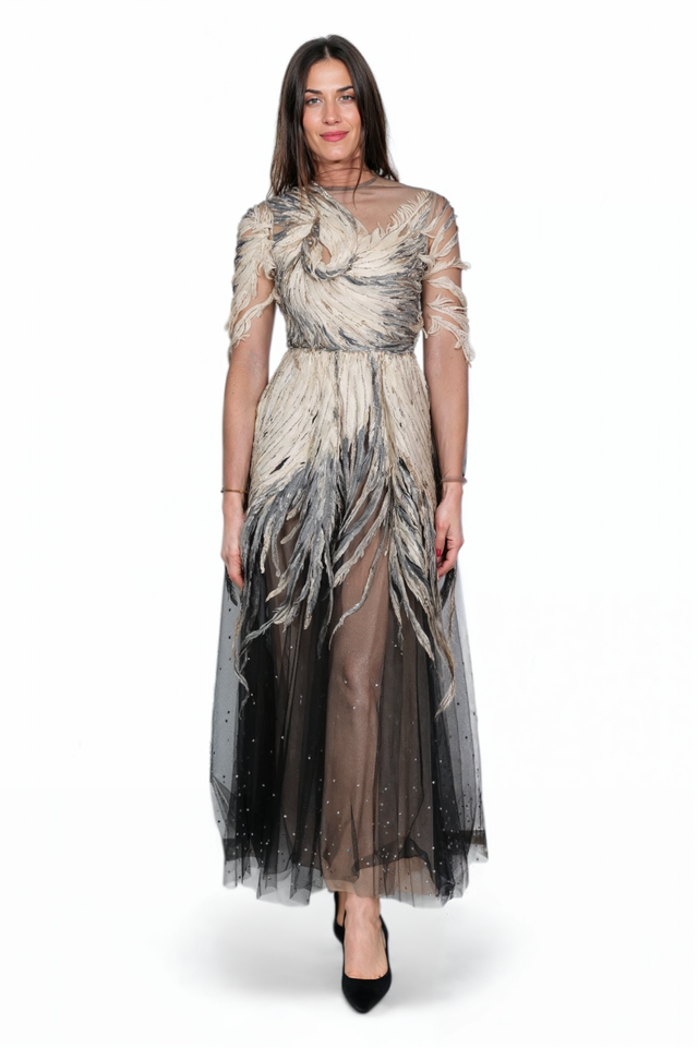 Valentino Sheer Black and Metallic Feather Embroidered Gown