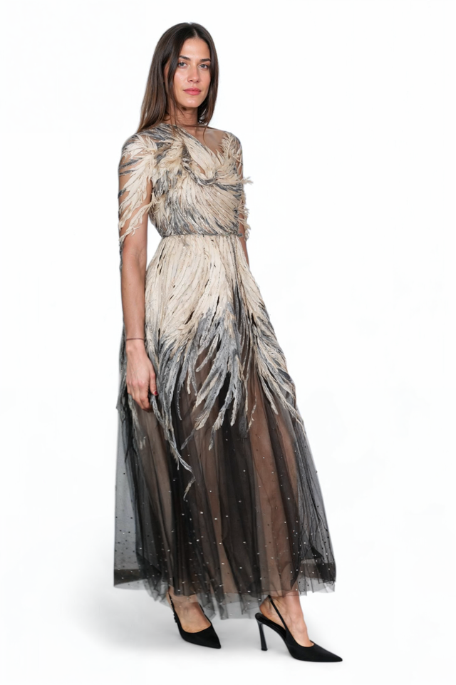 Valentino Sheer Black and Metallic Feather Embroidered Gown