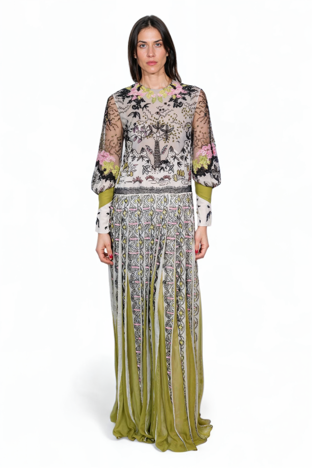 Valentino Multicolor Embroidered Long-Sleeve Gown