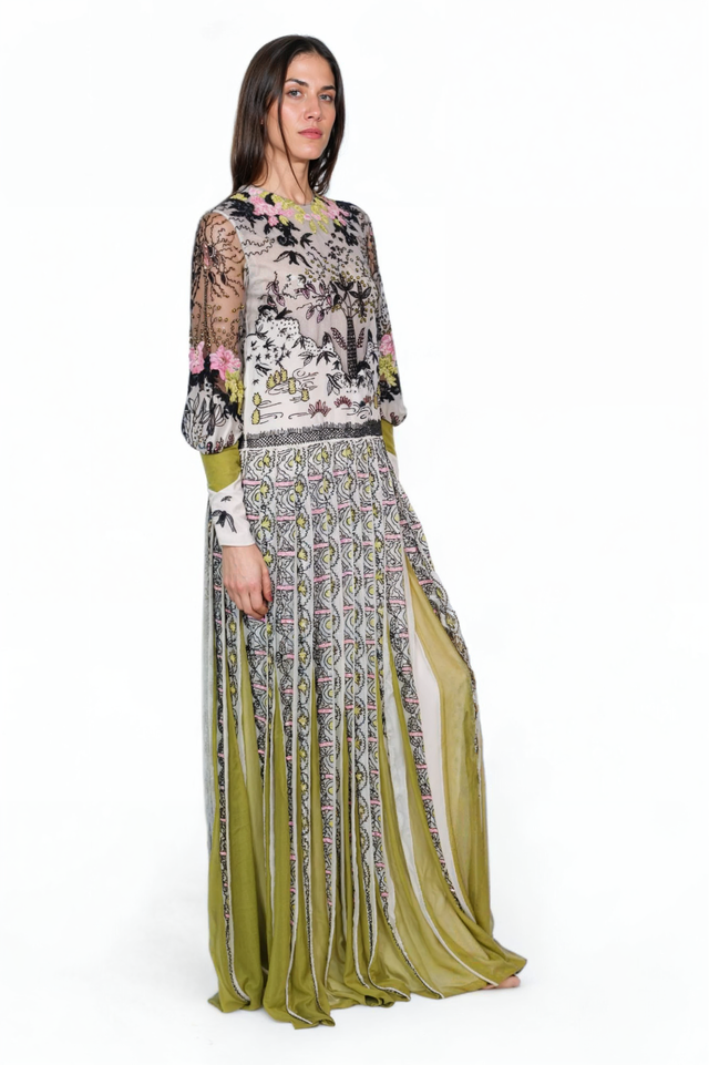 Valentino Multicolor Embroidered Long-Sleeve Gown