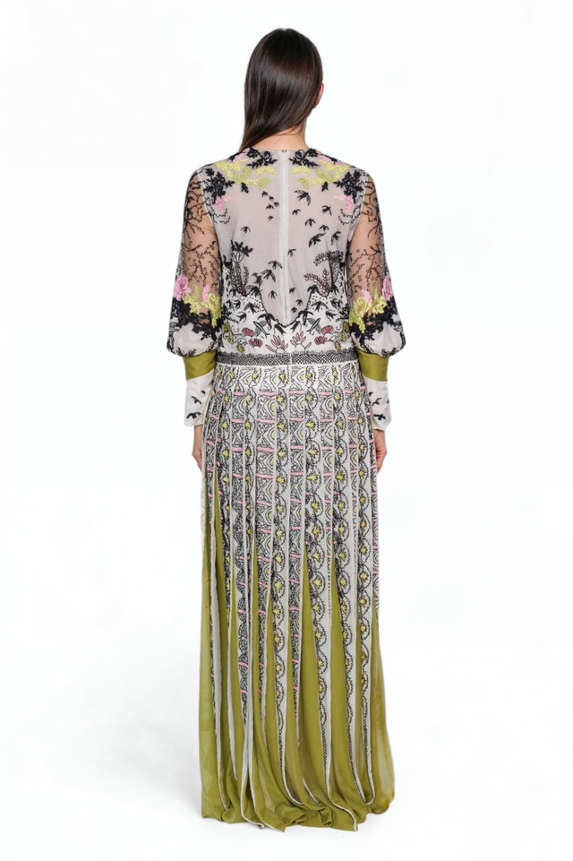 Valentino Multicolor Embroidered Long-Sleeve Gown