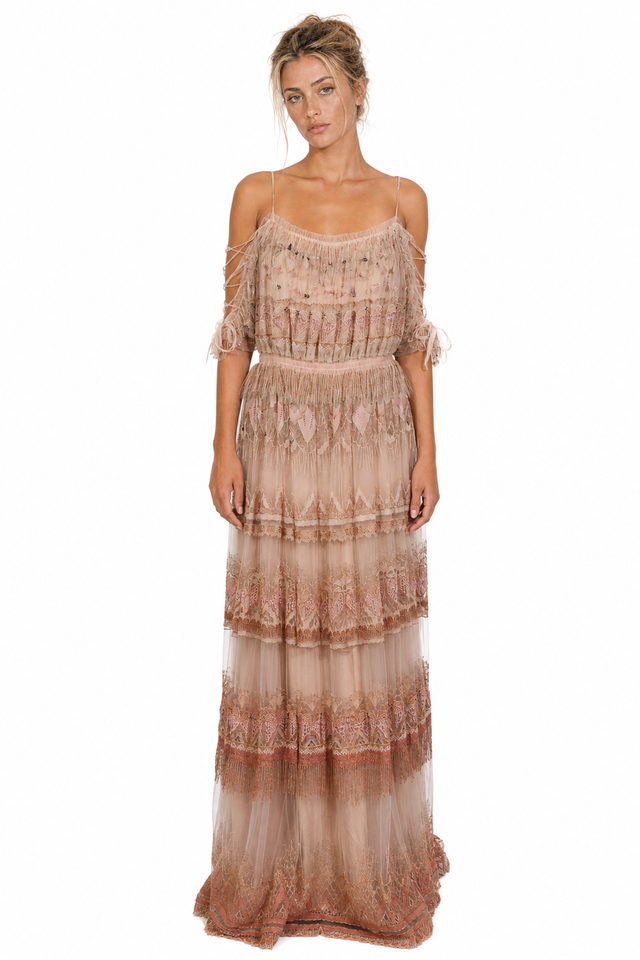 Valentino Embellished Cold-Shoulder Tiered Tulle Gown in Sand & Rose Gold
