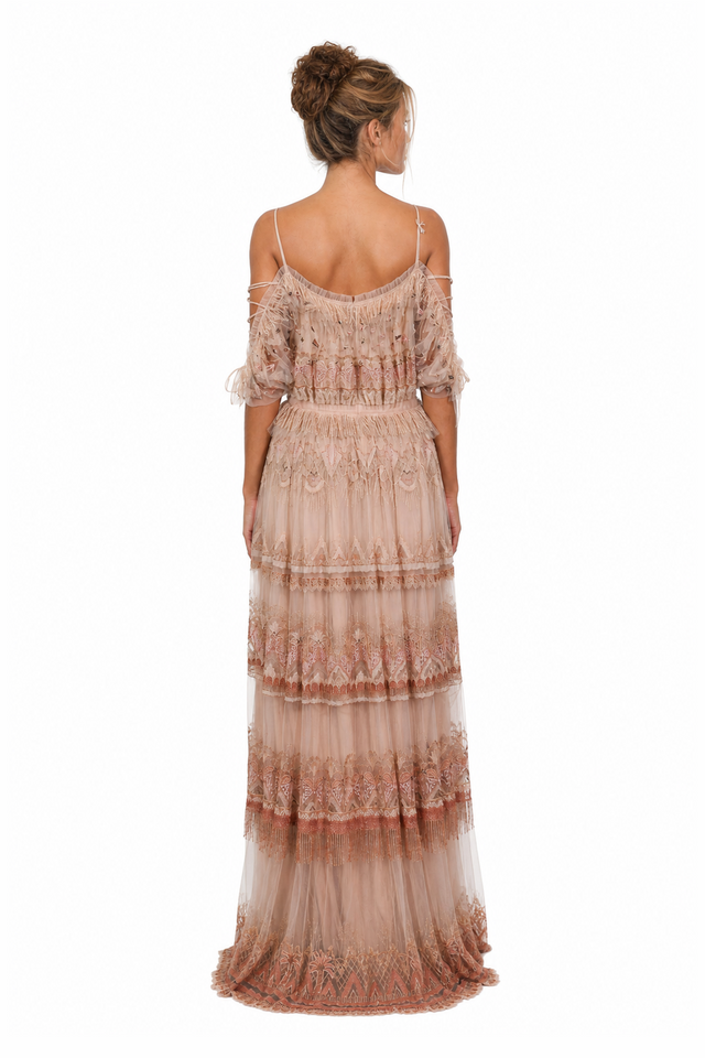 Valentino Embellished Cold-Shoulder Tiered Tulle Gown in Sand & Rose Gold