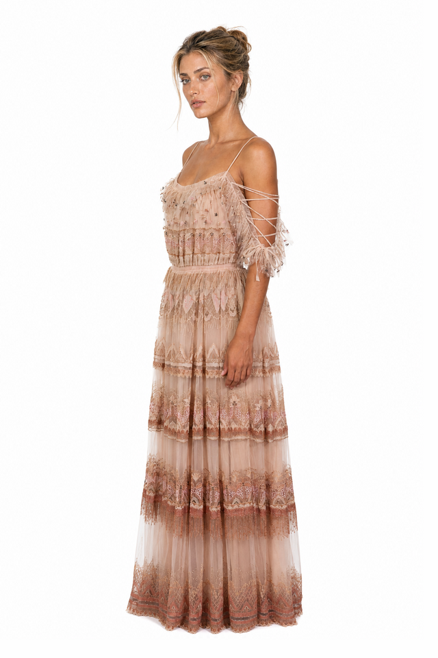 Valentino Embellished Cold-Shoulder Tiered Tulle Gown in Sand & Rose Gold