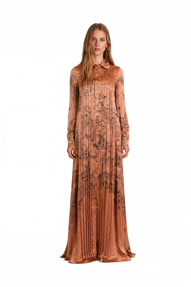 Valentino illustrated silk shirtdress gown in copper bronze with a point collar and center-front pintuck pleating