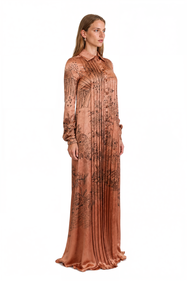 Valentino illustrated silk shirtdress gown in copper bronze with a point collar and center-front pintuck pleating