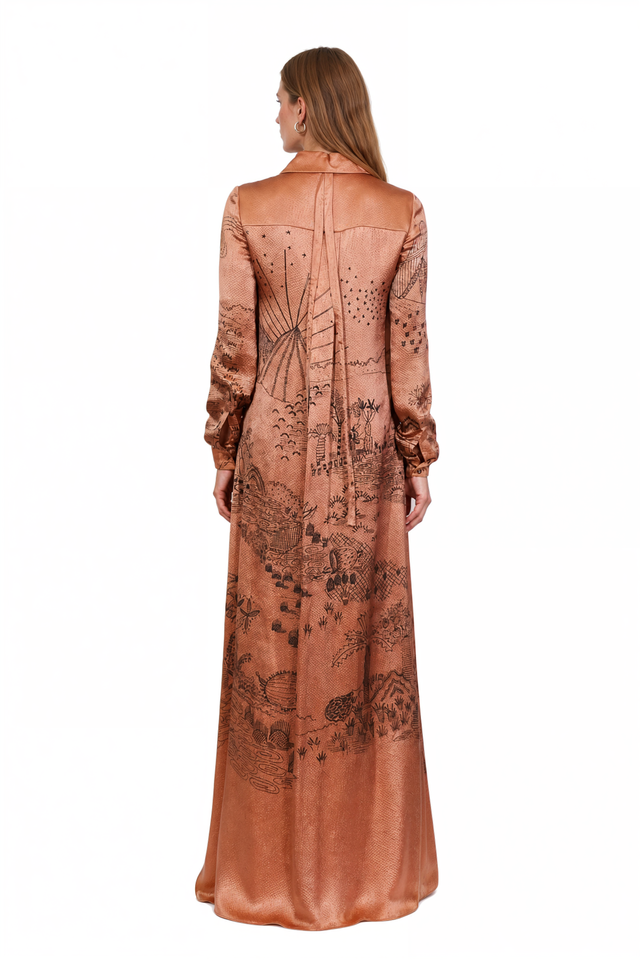Valentino illustrated silk shirtdress gown in copper bronze with a point collar and center-front pintuck pleating