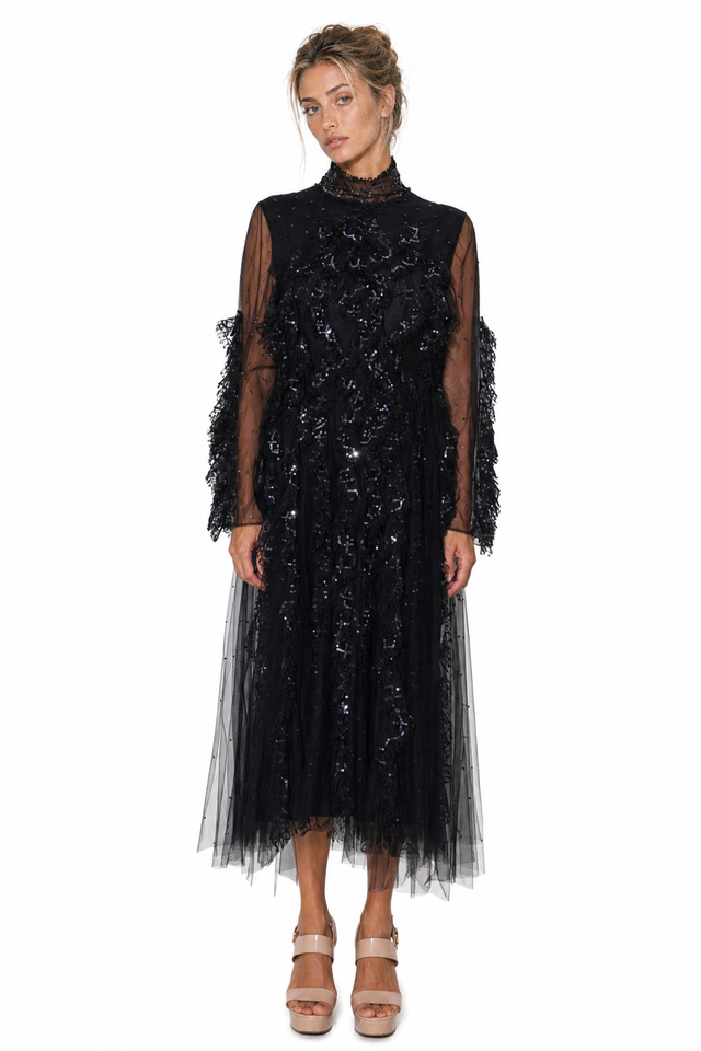 Valentino Women's Sequined & Ruffled Tulle High-Neck Midi Dress in Black
