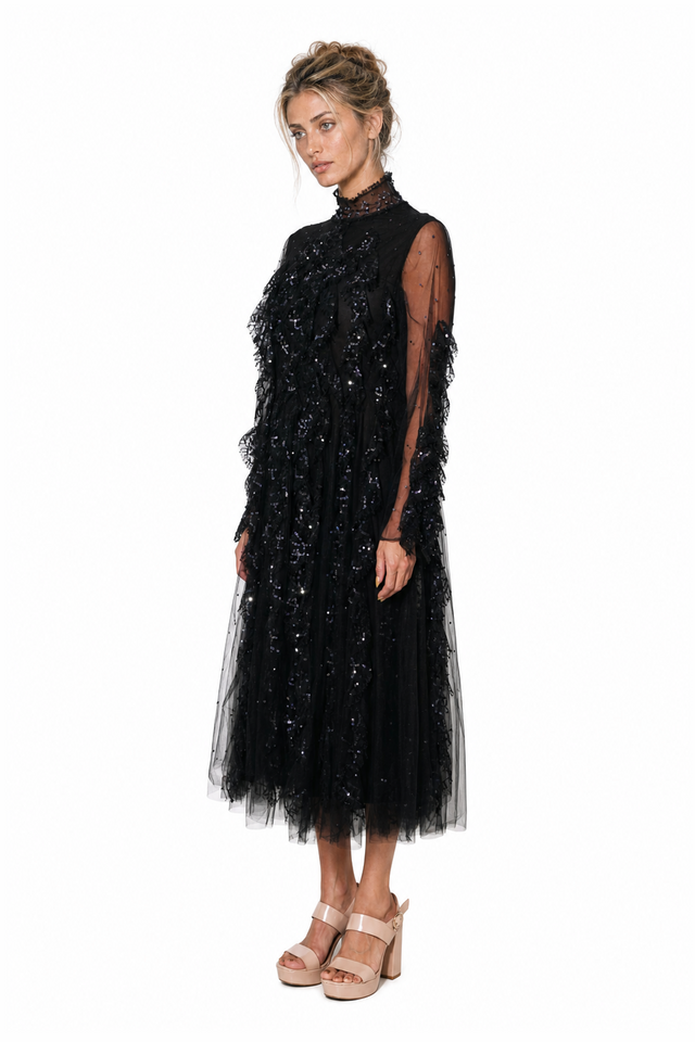 Valentino Women's Sequined & Ruffled Tulle High-Neck Midi Dress in Black