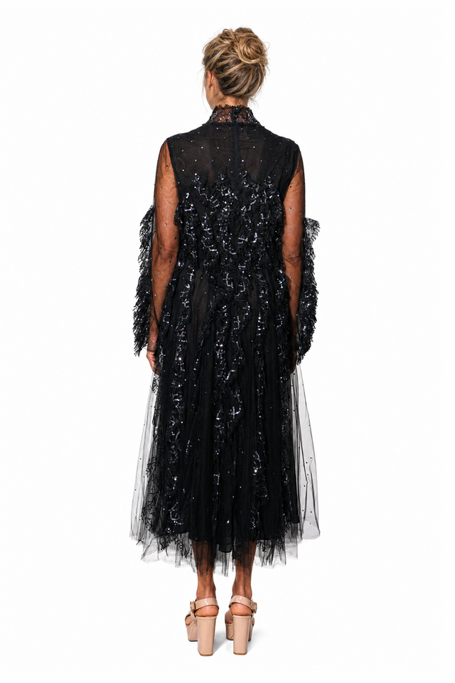 Valentino Women's Sequined & Ruffled Tulle High-Neck Midi Dress in Black