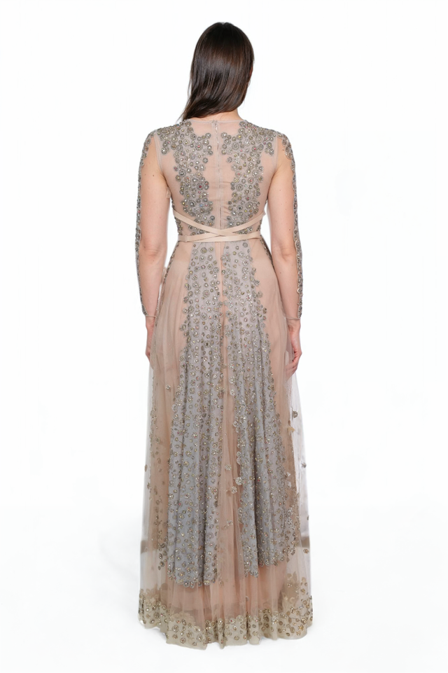 Valentino Embellished Nude Tulle Gown with Satin Ribbon Detail