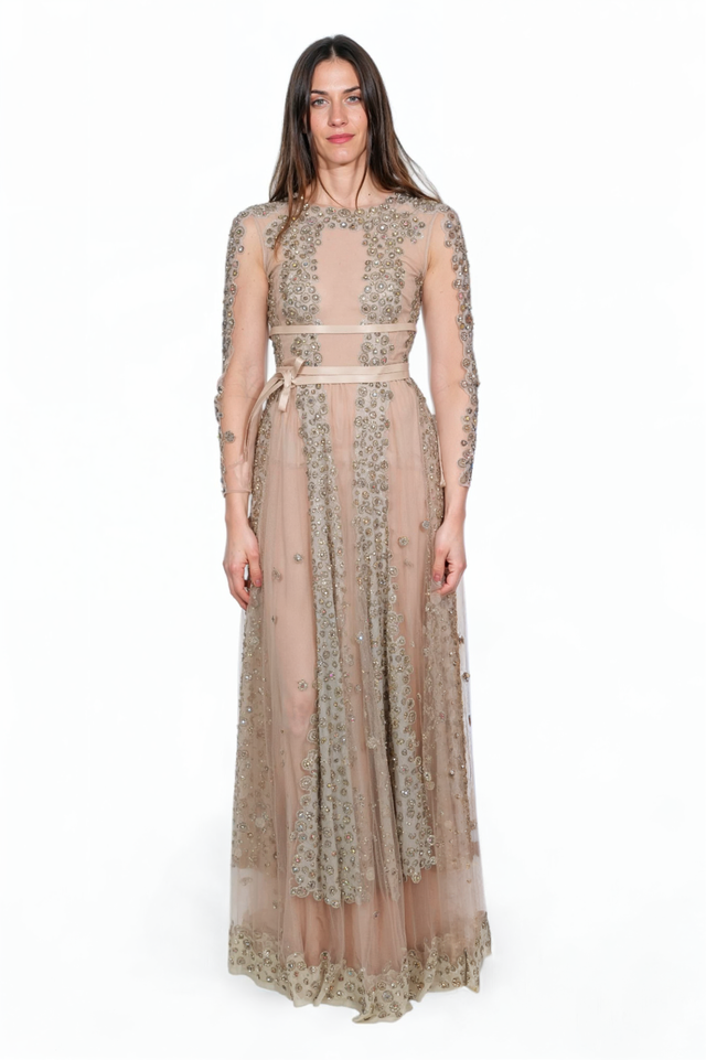 Valentino Embellished Nude Tulle Gown with Satin Ribbon Detail