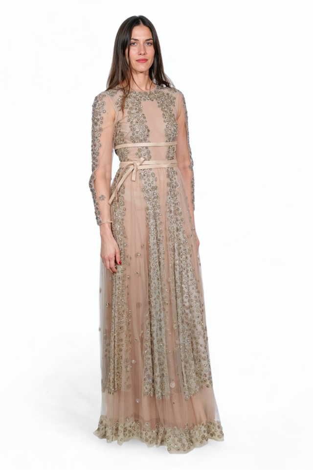 Valentino Embellished Nude Tulle Gown with Satin Ribbon Detail