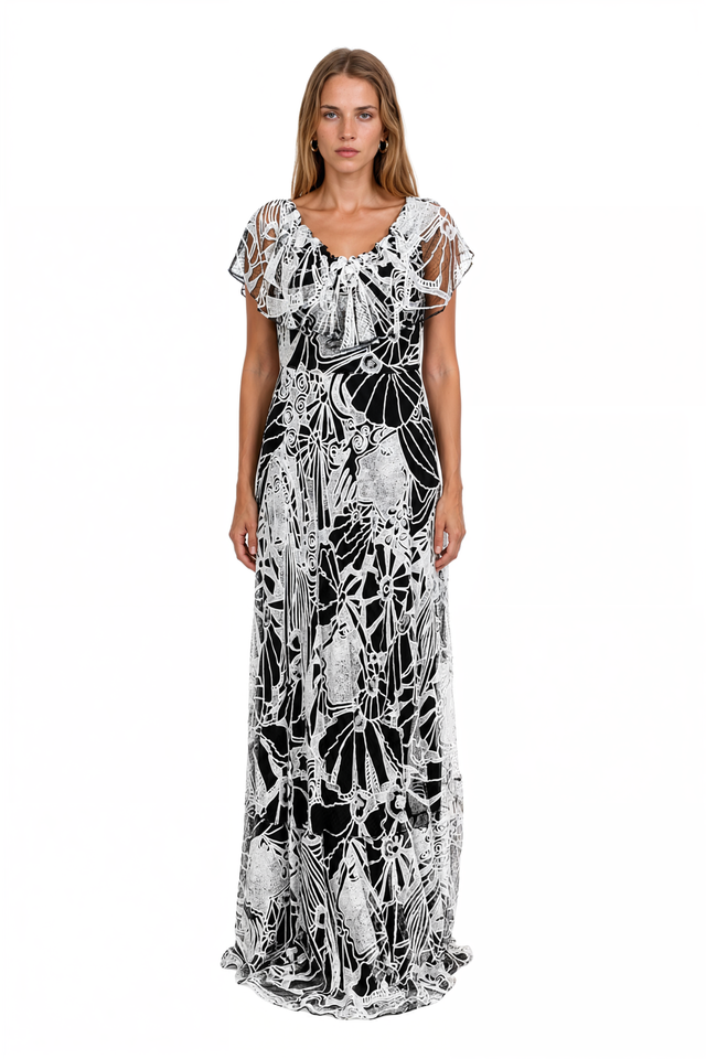 Valentino Embroidered Lace Flutter-Sleeve Gown