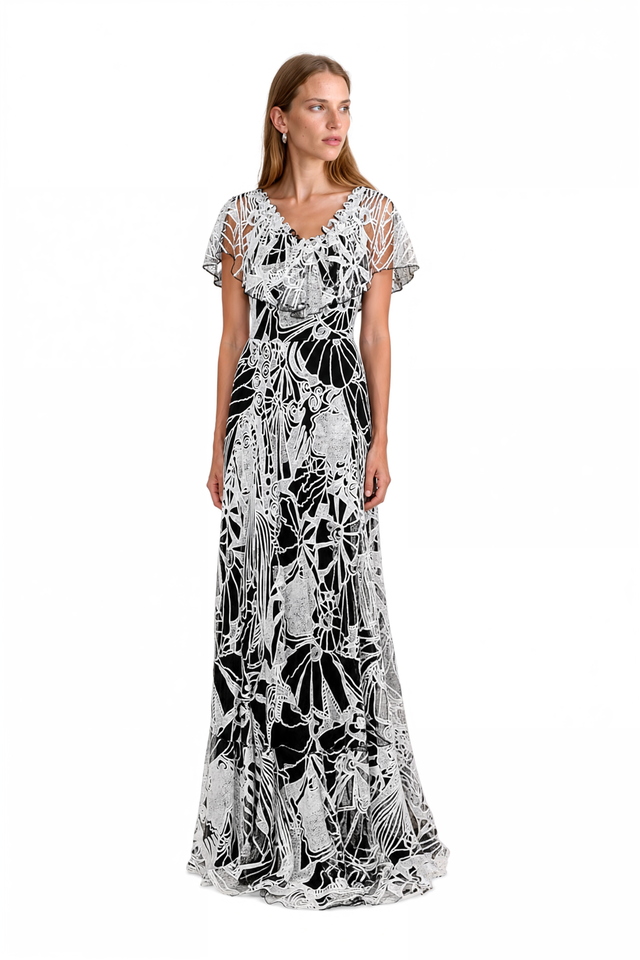 Valentino Embroidered Lace Flutter-Sleeve Gown