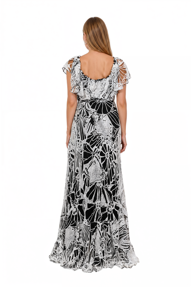Valentino Embroidered Lace Flutter-Sleeve Gown