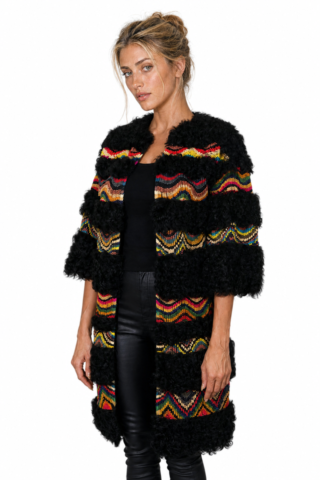 Valentino Chevron Beaded & Shearling Trimmed Longline Coat in Black Multi