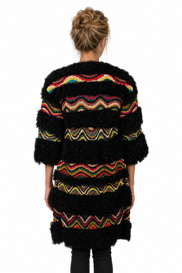 Valentino Chevron Beaded & Shearling Trimmed Longline Coat in Black Multi