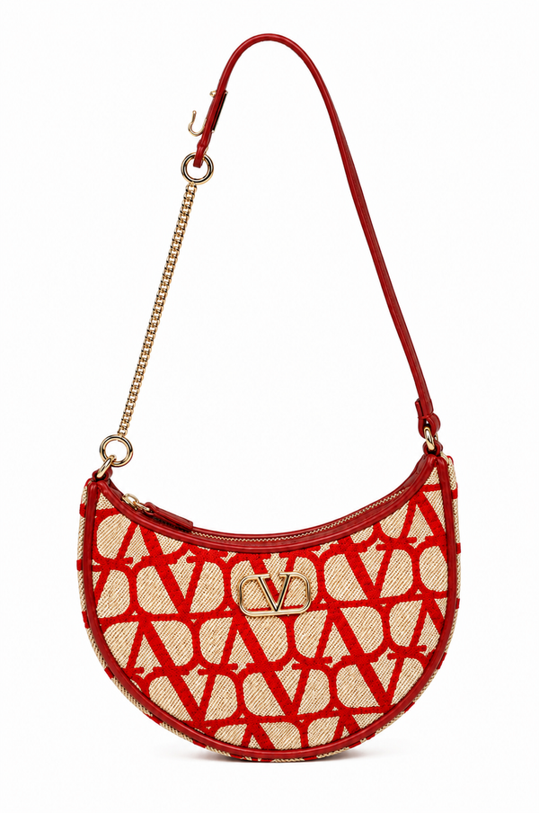Valentino Garavani Toile Iconographe small hobo bag in red monogram canvas with leather piping and gold-tone chain strap.