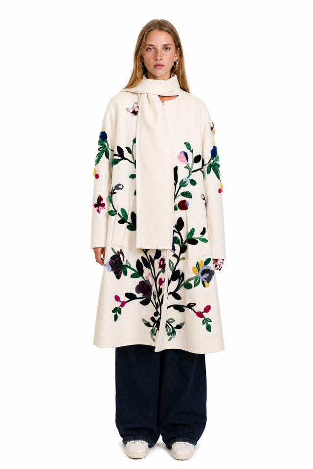 Valentino Floral Appliqué Scarf Coat – Ivory Wool Coat