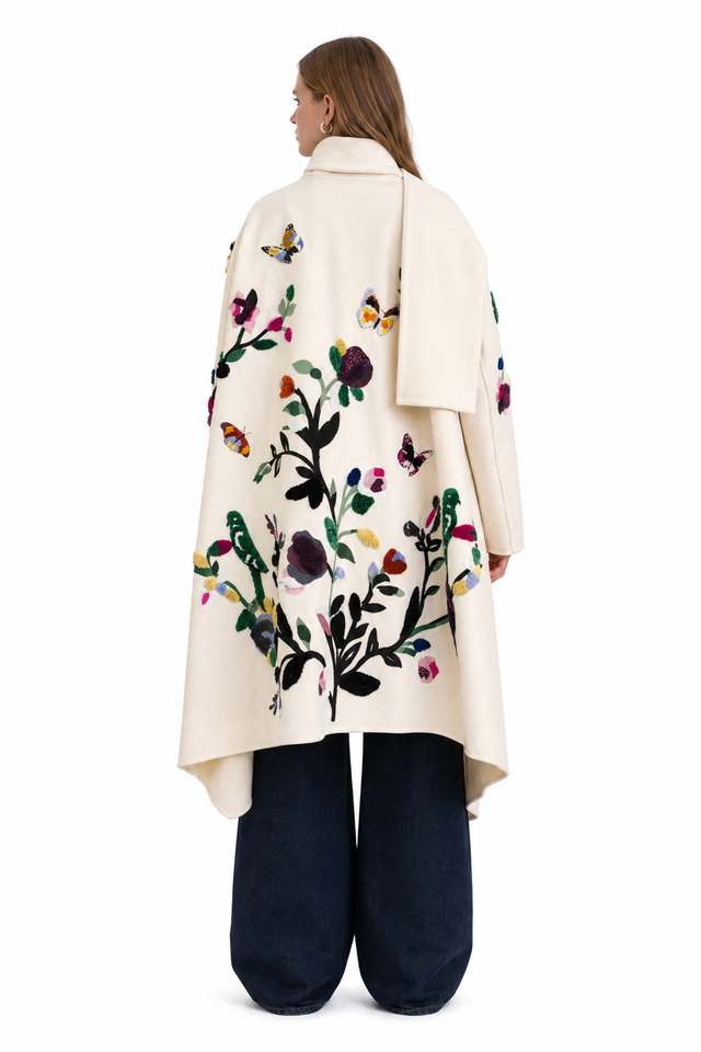 Valentino Floral Appliqué Scarf Coat – Ivory Wool Coat