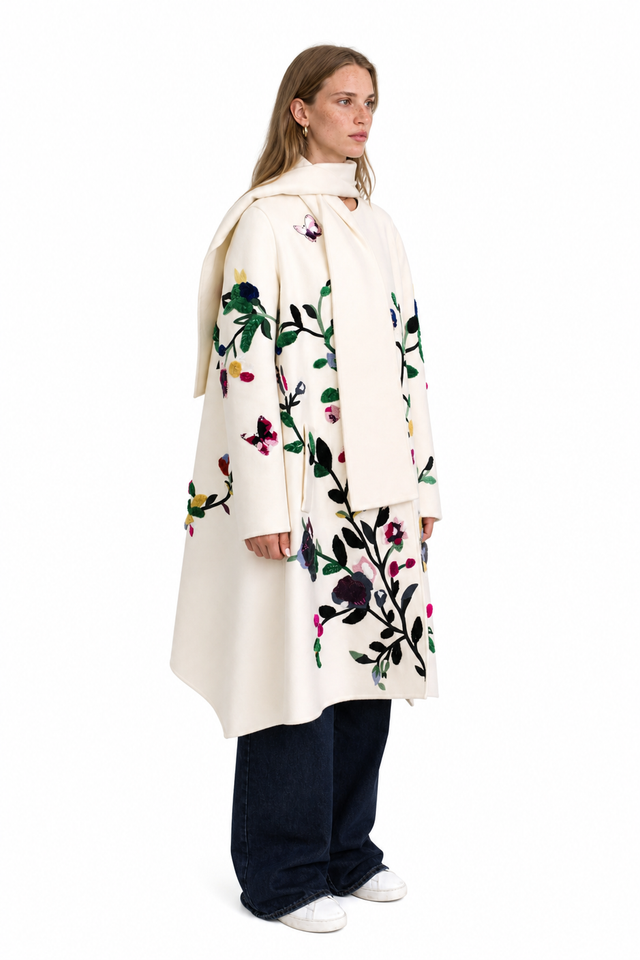 Valentino Floral Appliqué Scarf Coat – Ivory Wool Coat