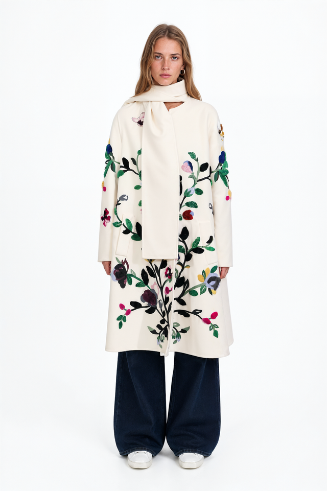 Valentino ivory wool coat with velvet floral appliqué and attached scarf collar – front view
