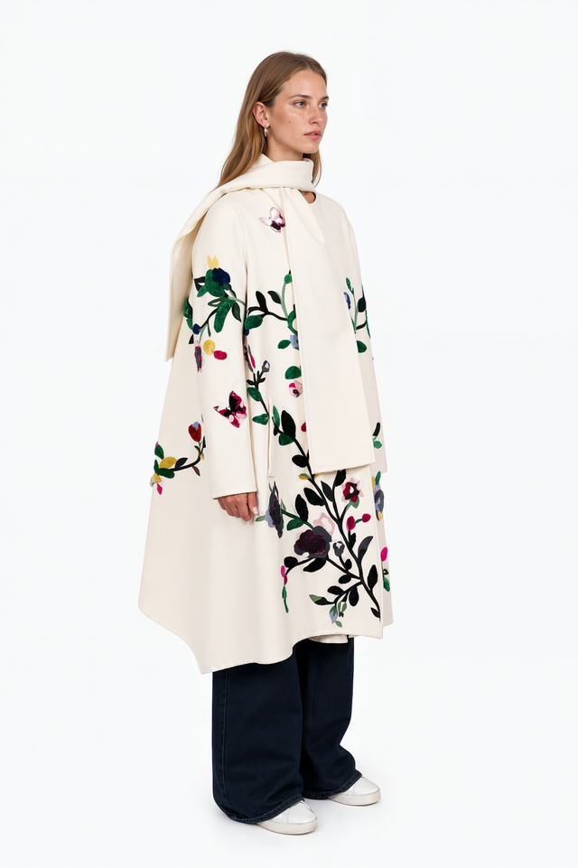 Side view of a Valentino ivory floral appliqué wool coat
