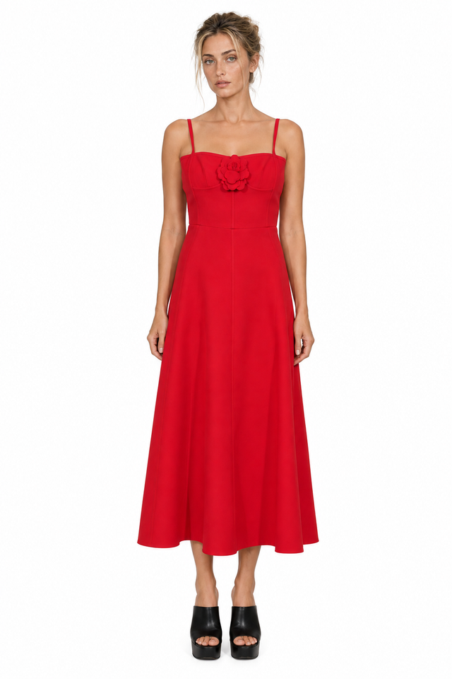 Valentino Atelier Rose Wool-Silk Midi Dress in Red