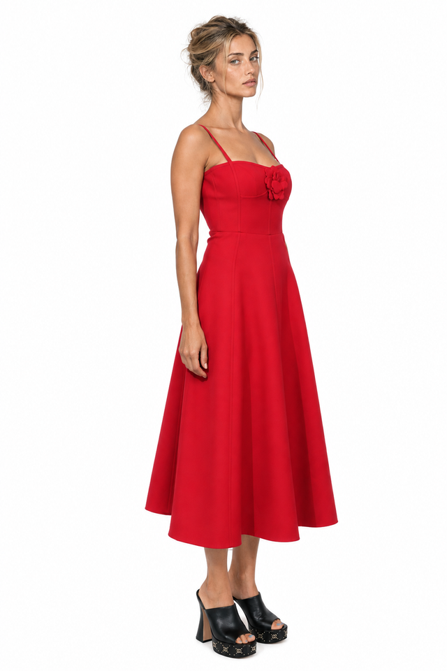 Valentino Atelier Rose Wool-Silk Midi Dress in Red