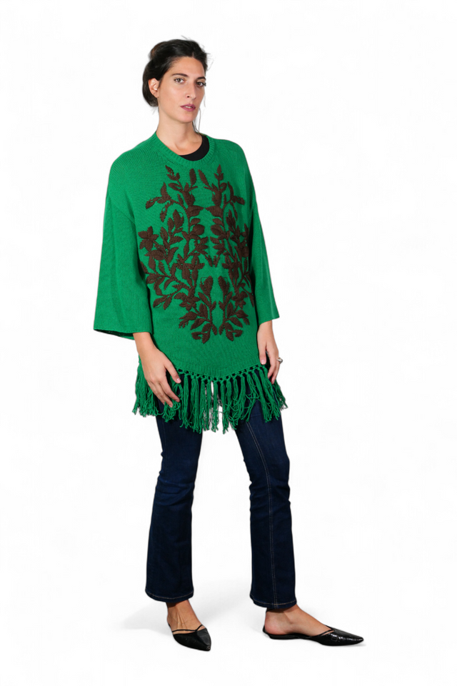 Valentino Floral Jacquard Fringe Hem Sweater — Green & Brown