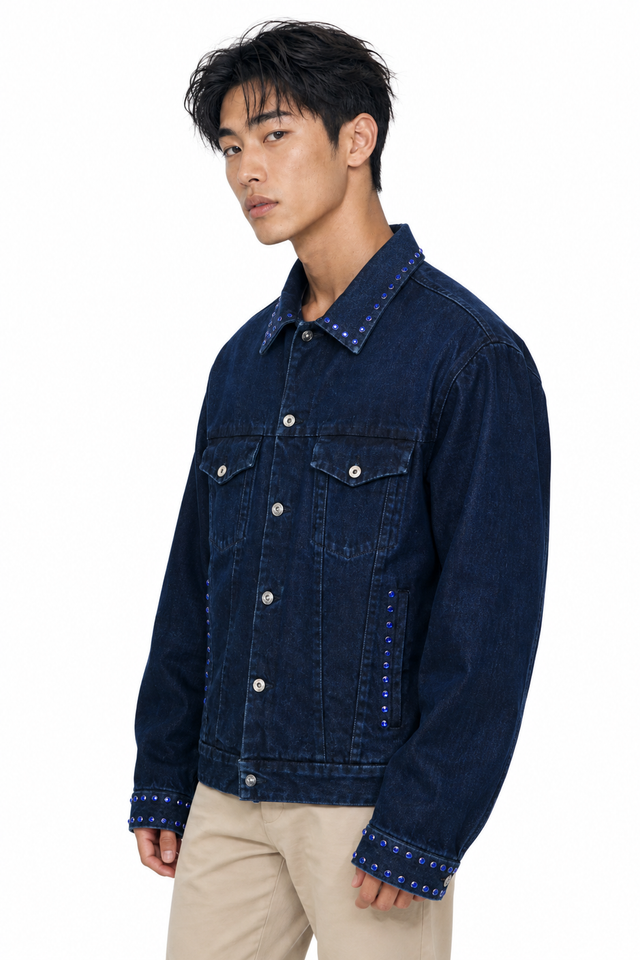 Valentino Men's Crystal Studded Denim Jacket in Dark Wash Blue