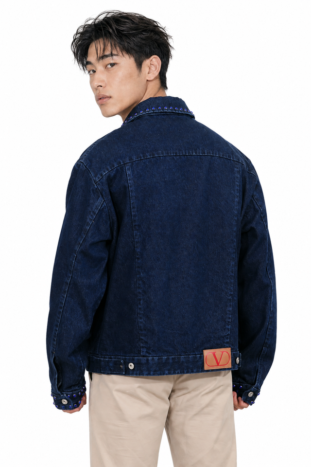 Valentino Men's Crystal Studded Denim Jacket in Dark Wash Blue