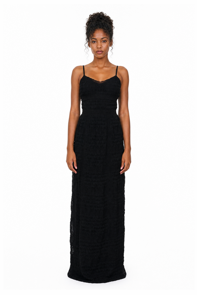 Valentino Textured Lace Cami Column Evening Gown in Jet Black