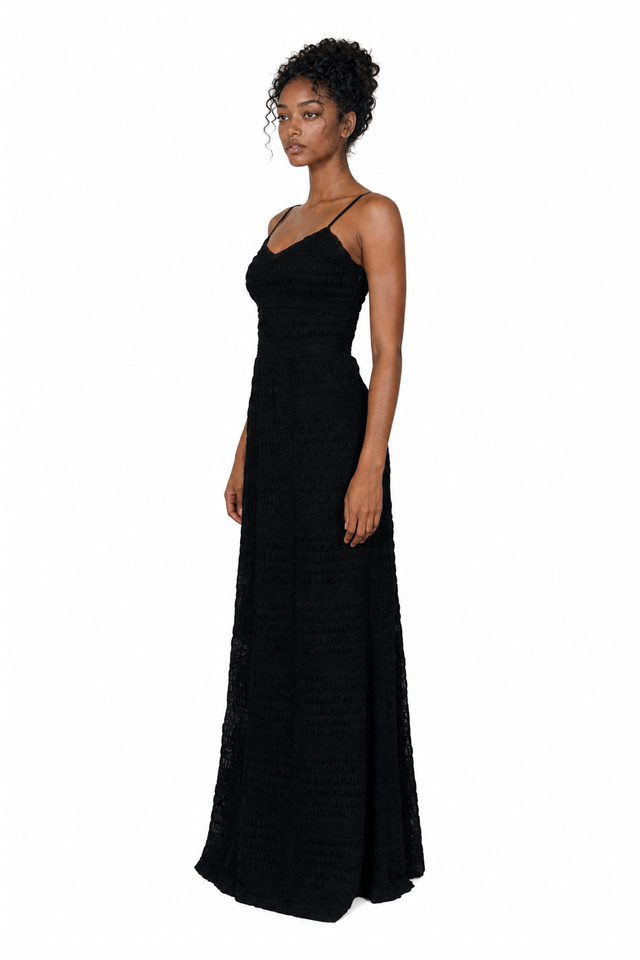 Valentino Textured Lace Cami Column Evening Gown in Jet Black