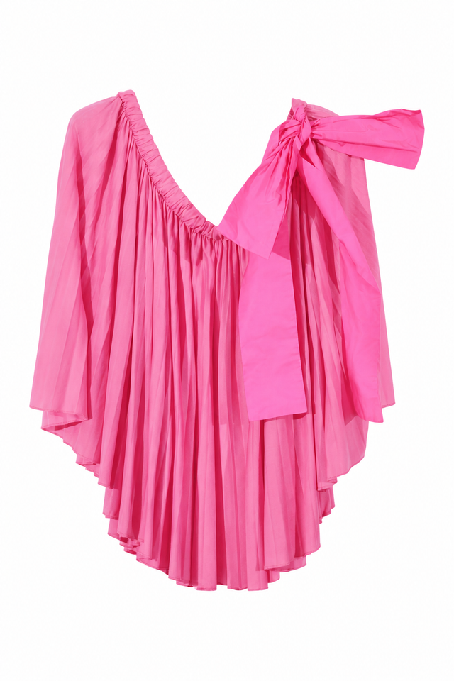 Valentino Hot Pink One-Shoulder Gathered Silk Cape Blouse