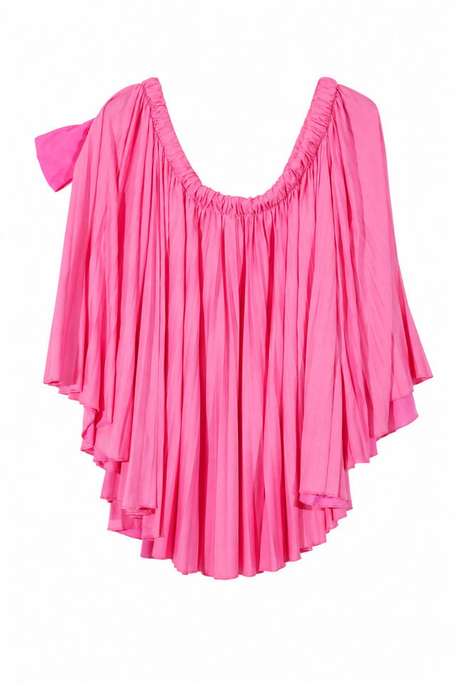 Valentino Hot Pink One-Shoulder Gathered Silk Cape Blouse
