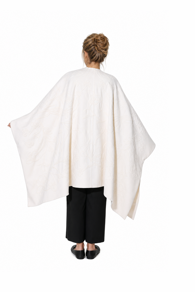 Valentino floral tonal-embroidered wool-cashmere wrap cape in ivory