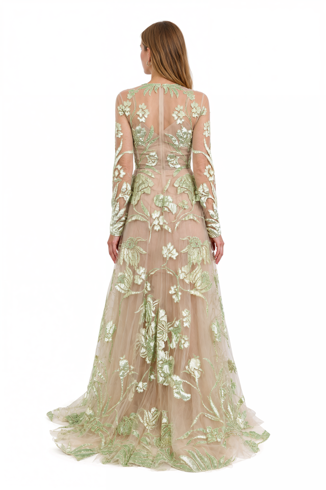 Valentino sage green floral embroidered tulle gown