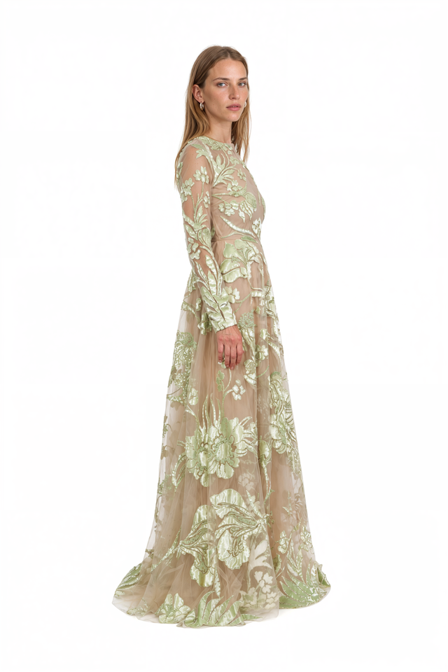 Valentino sage green floral embroidered tulle gown