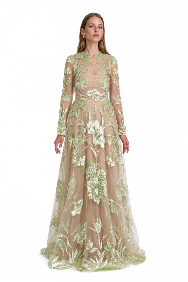 Valentino sage green floral embroidered tulle gown