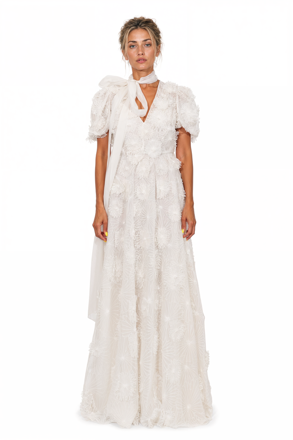 Valentino 3D Floral Appliqué Neck-Tie Maxi Dress in Ivory White