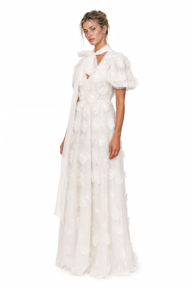 Valentino 3D Floral Appliqué Neck-Tie Maxi Dress in Ivory White