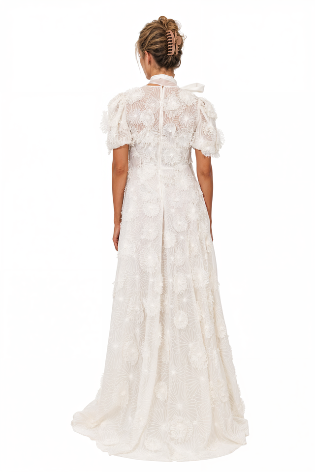 Valentino 3D Floral Appliqué Neck-Tie Maxi Dress in Ivory White