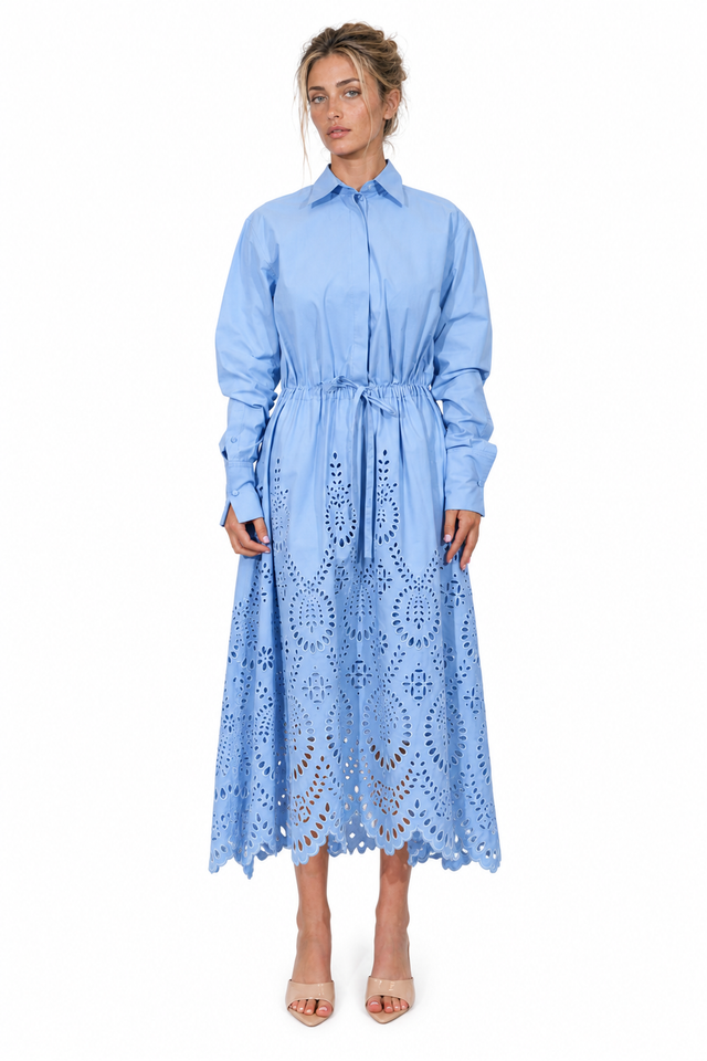 Valentino Broderie Anglaise Cotton Midi Shirt Dress in Light Blue