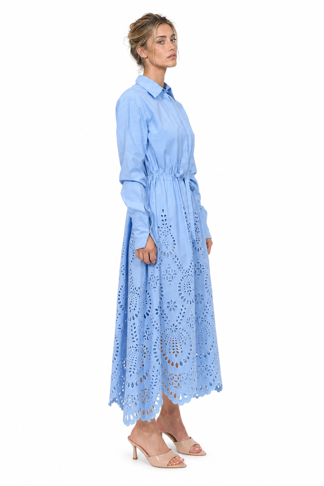 Valentino Broderie Anglaise Cotton Midi Shirt Dress in Light Blue
