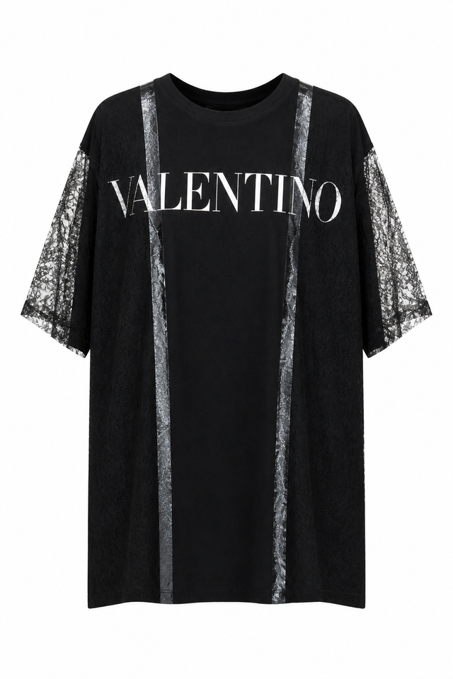 Valentino Black Logo Lace Panel Oversized T-Shirt Dress